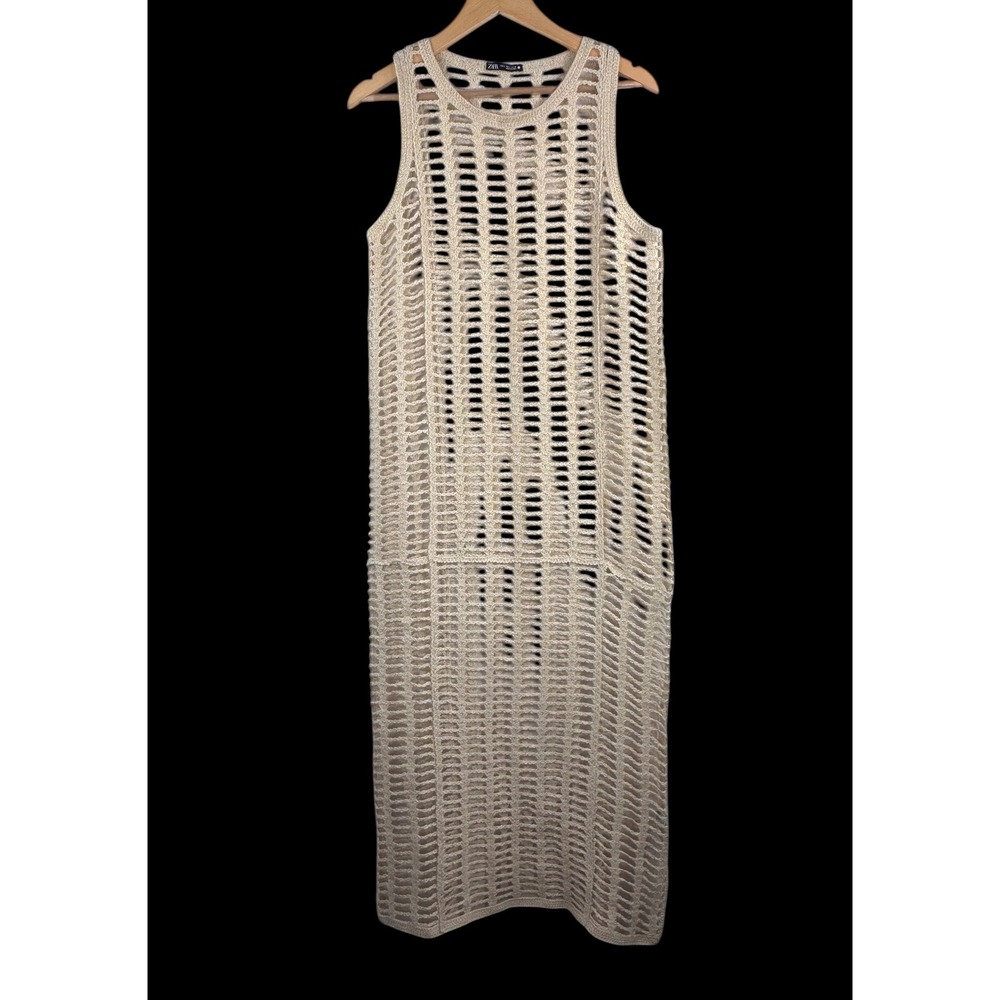 Zara Crochet Midi Dress sz S cream metallic Open Knit beach boho resort wear
